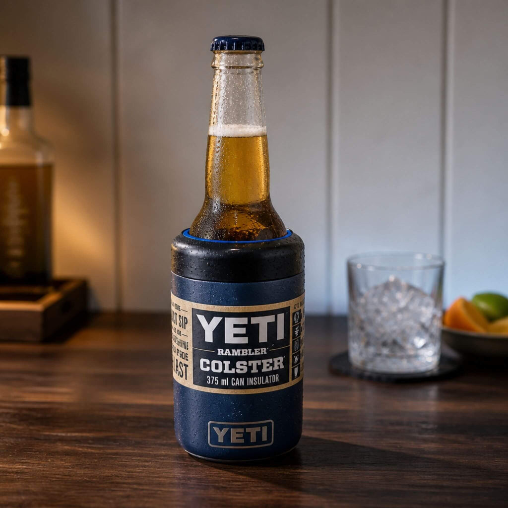 A Carlton Dry bottle fitted with a blue TOPA FitSeal adapter insert, sitting securely in a navy YETI Rambler Colster 375ml can insulator on a timber bar counter, with a whisky glass and citrus garnishes in the background.