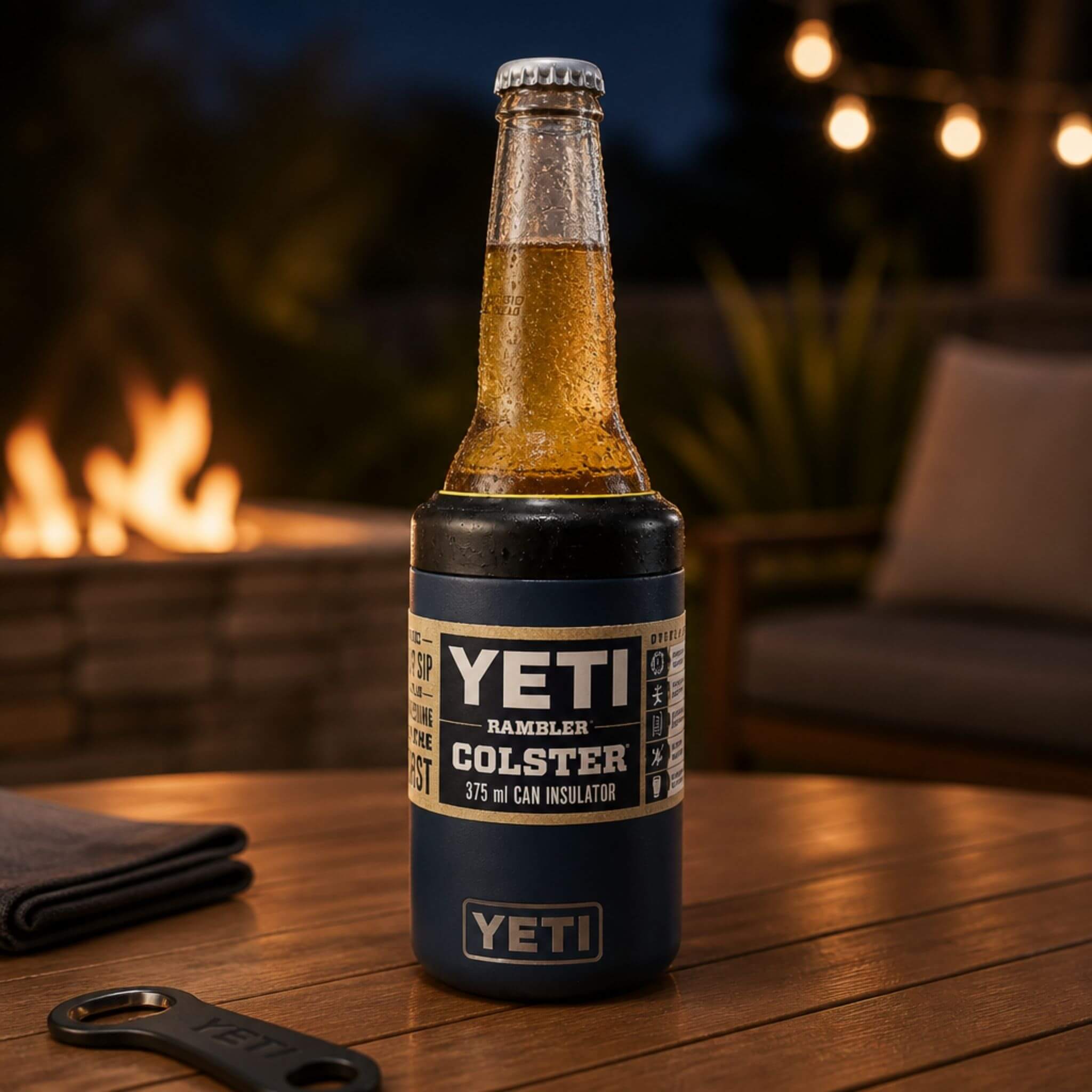 A Corona bottle fitted with a yellow TOPA FitSeal adapter insert, sitting securely in a navy YETI Rambler Colster 375ml can insulator on a timber outdoor table, with a firepit and string lights in the background.