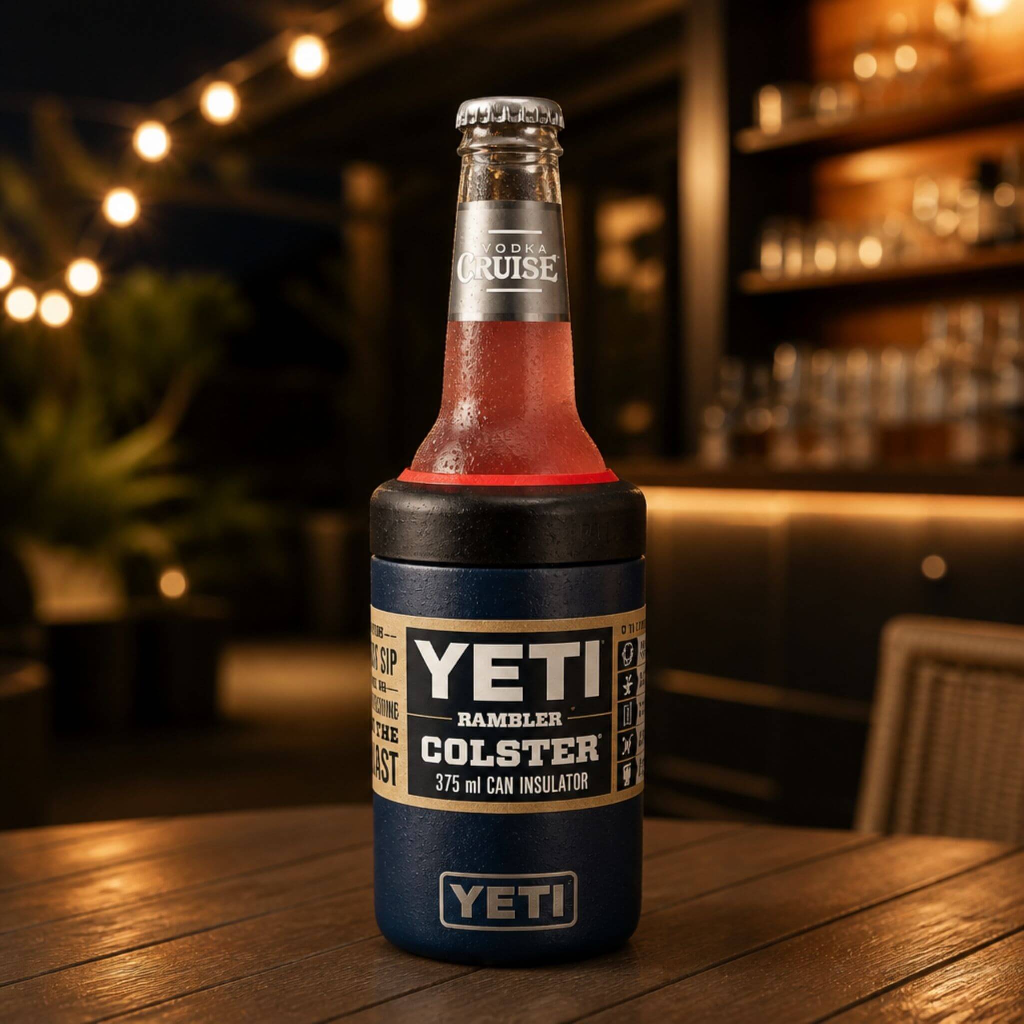 A Vodka Cruiser stubby fitted with a red TOPA FitSeal adapter insert, sitting securely in a navy YETI Rambler Colster 375ml can insulator on a timber outdoor table, with string lights and a bar setting in the background.